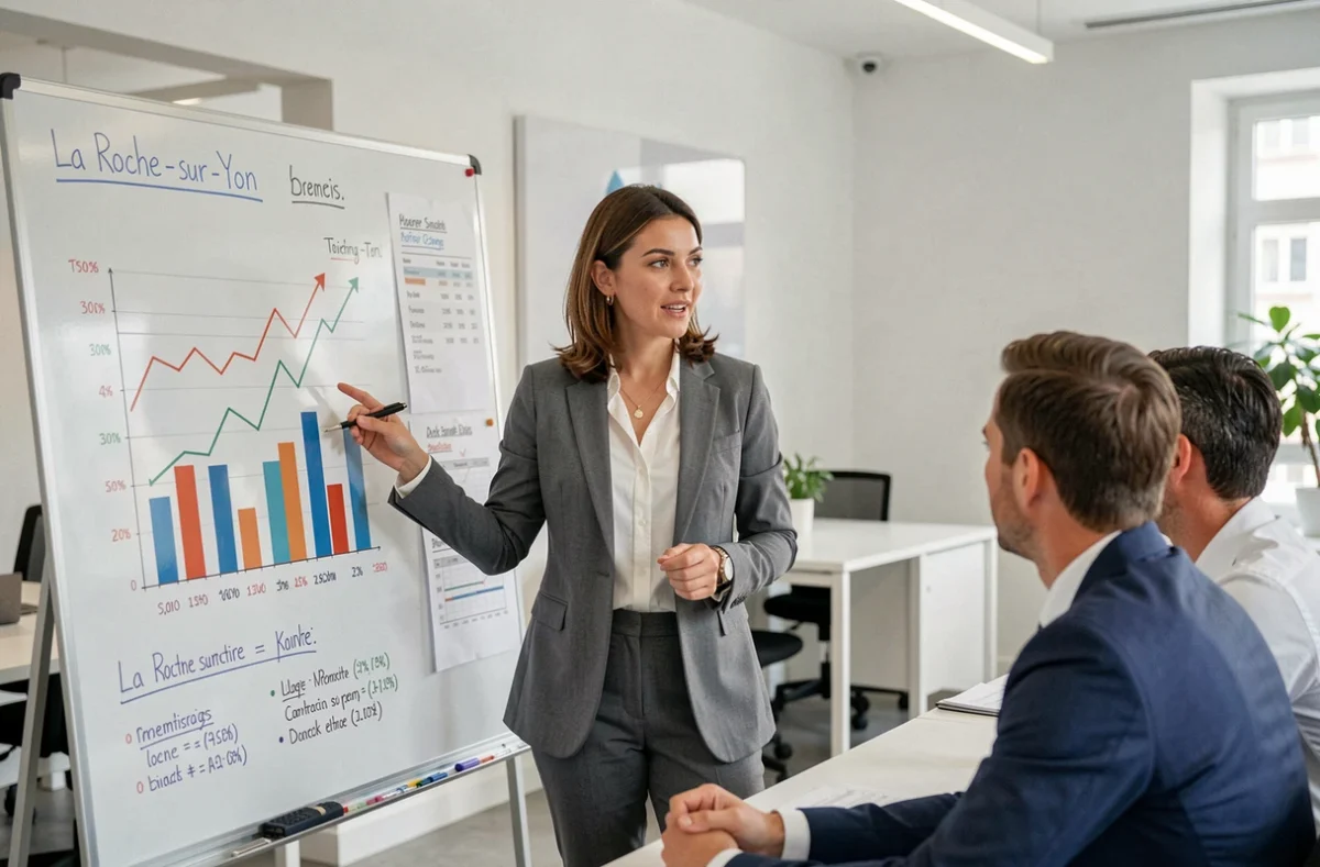 Collaboratrice du cabinet Adecia à La Roche-sur-Yon présentant des analyses financières sur tableau blanc
