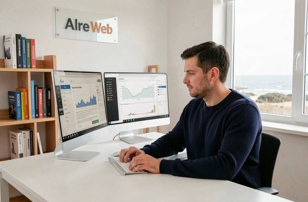 Développeur web de l'agence Alre Web analysant un audit SEO sur deux écrans dans un bureau épuré à Auray