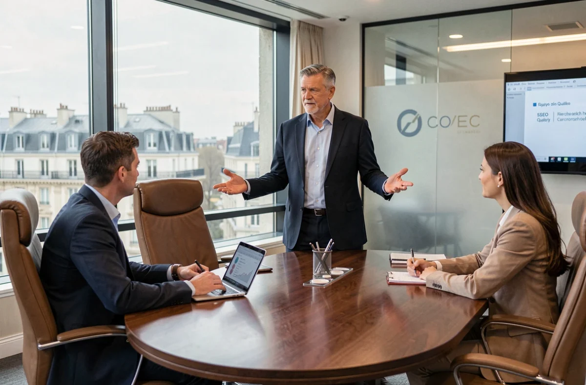 Consultant senior d'Eskimoz présentant un rapport SEO trimestriel à des clients dans une salle de réunion haut de gamme avec vue sur la ville