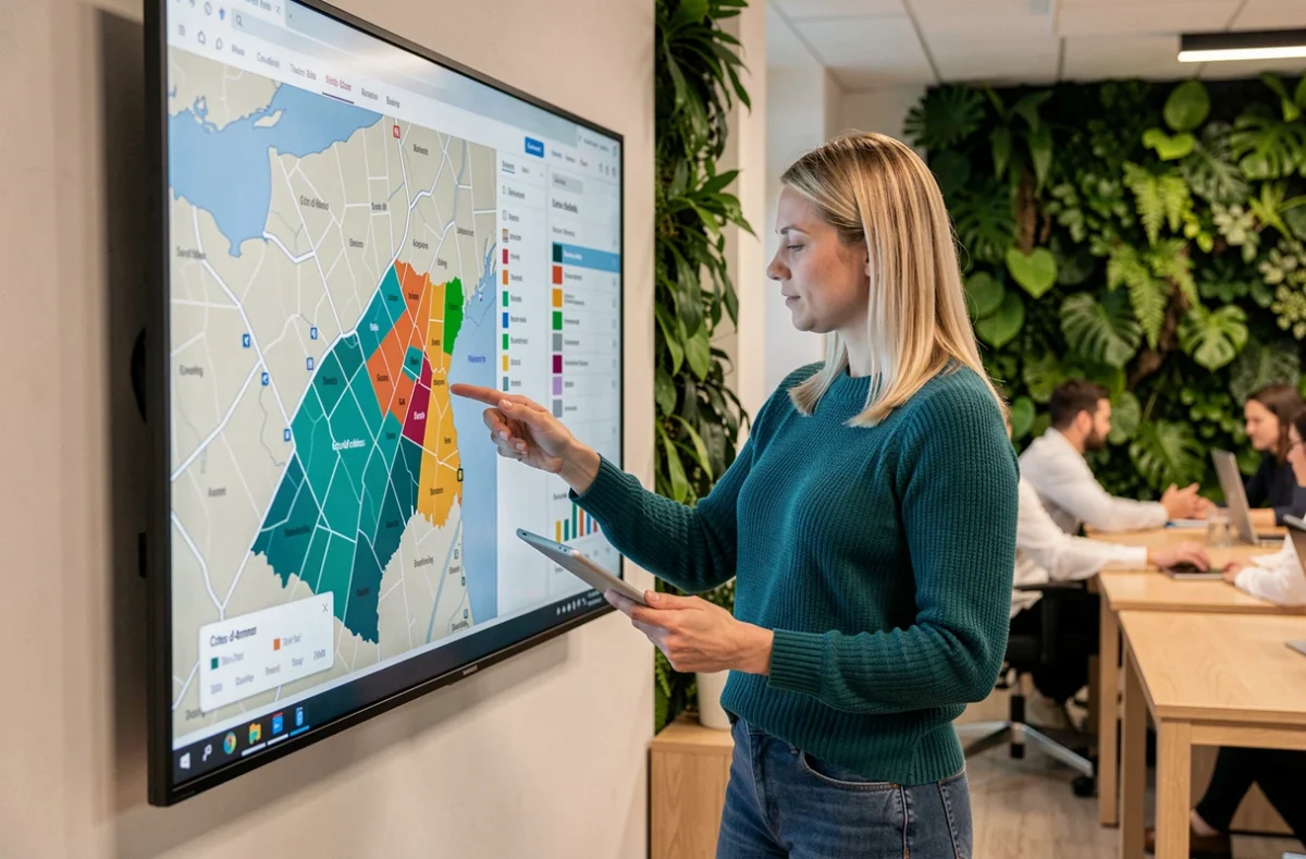 Chef de projet SEO de l'agence Komtop présentant une carte de positionnement régional sur un écran mural dans un bureau contemporain