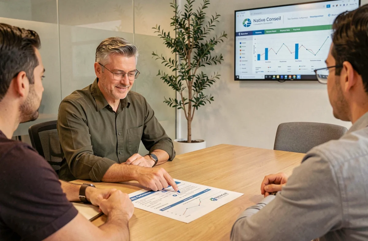 Consultant de Native Conseil en réunion avec des clients autour d'un rapport SEO imprimé dans une salle de conférence professionnelle