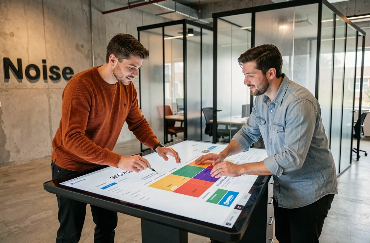 Deux stratèges digitaux de l'agence Noiise collaborant sur une carte thermique SEO autour d'une table tactile dans un bureau au design industriel