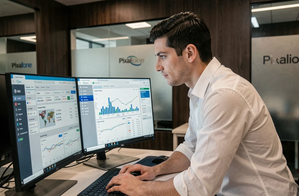 Analyste data de l'agence Pixalione examinant des tableaux de bord SEO avancés sur double écran dans un environnement technologique sophistiqué