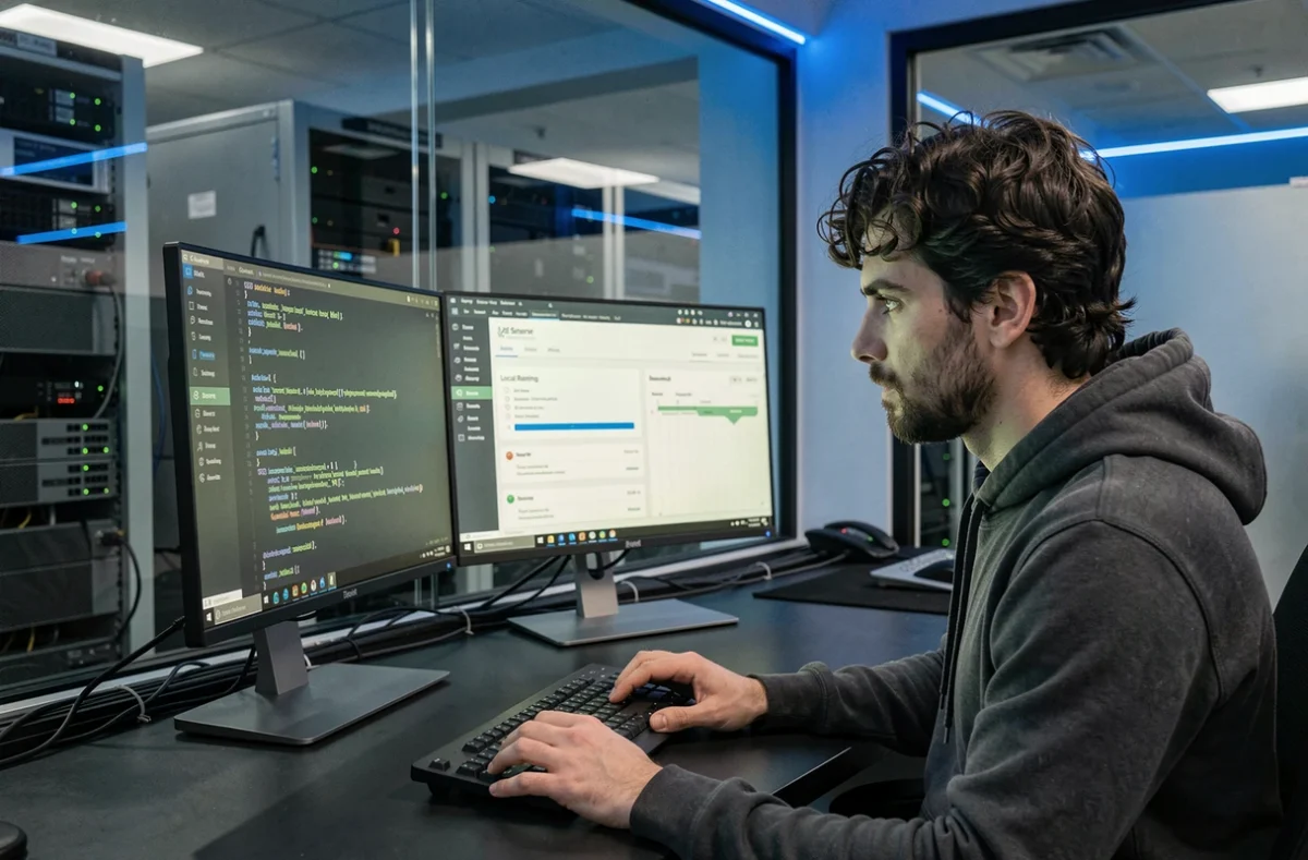 Développeur de Programmer Solutions codant des outils d'automatisation SEO sur deux écrans dans un espace tech moderne