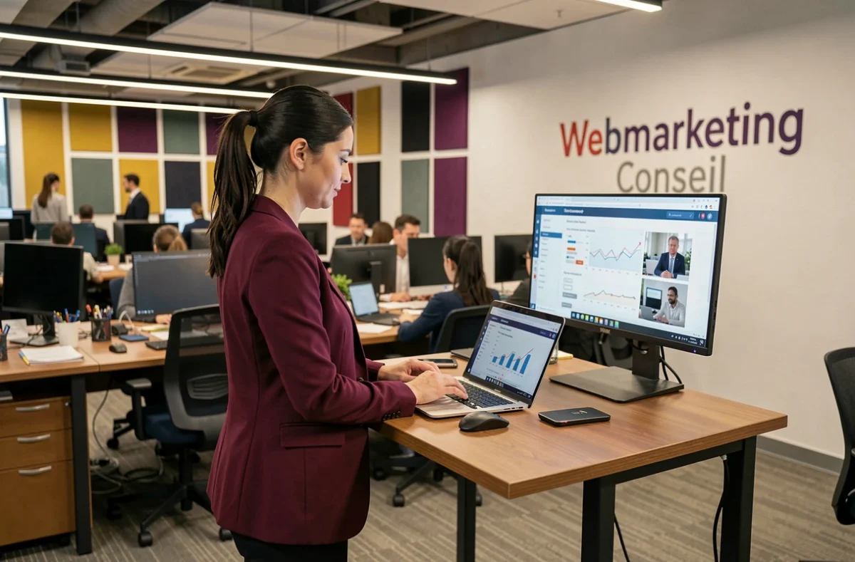 Spécialiste en webmarketing de l'agence Webmarketing Conseil travaillant sur une stratégie SEO à son bureau dans un open-space dynamique