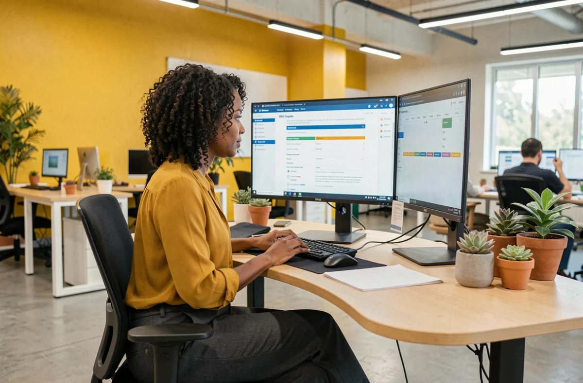 Experte SEO de l'agence Yumens analysant une étude concurrentielle locale sur un grand écran dans un espace de travail lumineux aux accents jaunes
