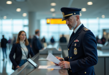 Agent de douane français vérifiant des documents à l'aéroport
