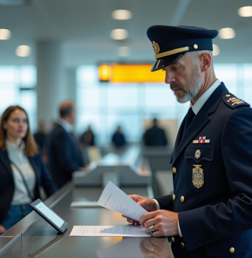 Piliers douane: découvrez l’essentiel en France Agent de douane français vérifiant des documents à l'aéroport