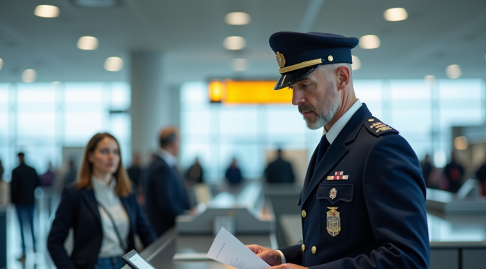Piliers douane: découvrez l’essentiel en France Agent de douane français vérifiant des documents à l'aéroport