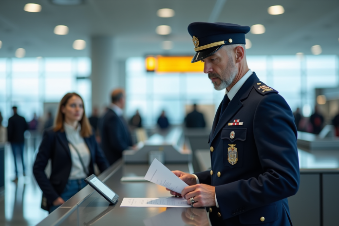 agent-douane-francaise Agent de douane français vérifiant des documents à l'aéroport