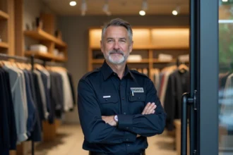 Agent de sécurité en uniforme surveille l'entrée d'un magasin de vêtements pour prévenir le vol récurrent