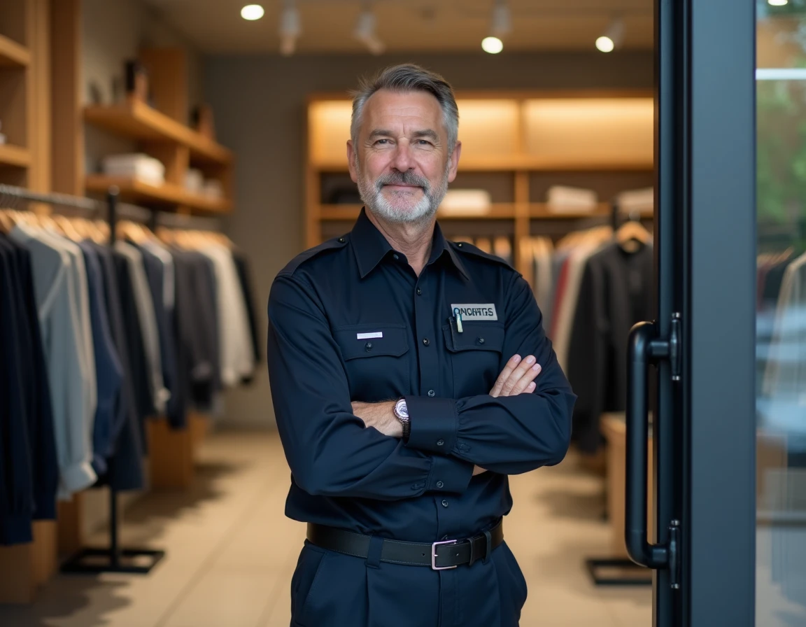 Agent de sécurité en uniforme surveille l'entrée d'un magasin de vêtements pour prévenir le vol récurrent