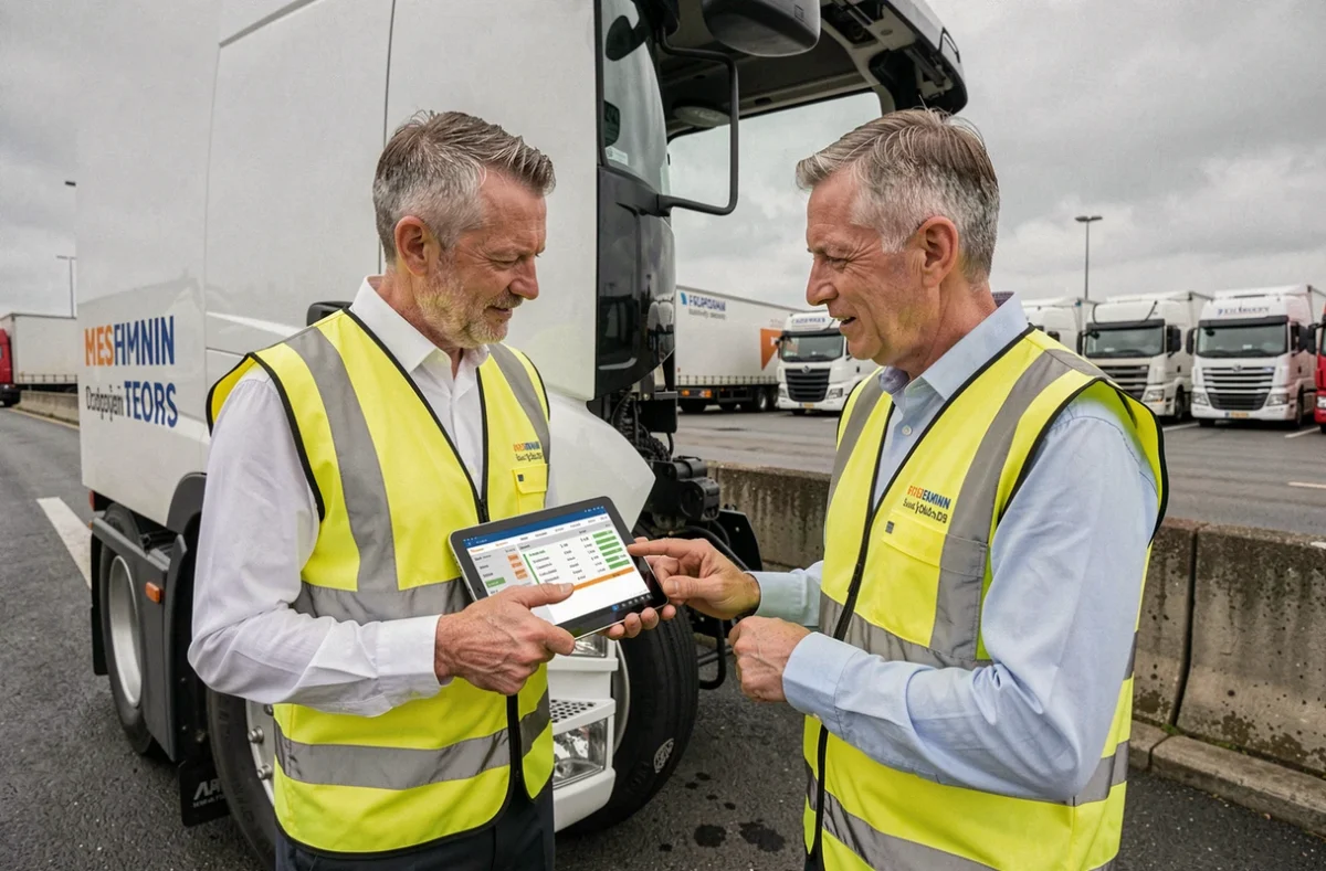 Deux agents de contrôle transport en discussion autour d'une tablette affichant les données de suivi des heures de conduite et de conformité réglementaire européenne lors d'un contrôle en aire de repos