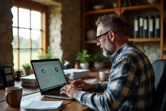 Agriculteur utilisant le portail Terciel mon compte sur un ordinateur portable dans son bureau de ferme