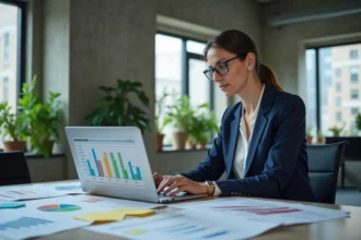 Femme d'affaires analysant des indicateurs économiques territoriaux sur un ordinateur portable dans un bureau moderne