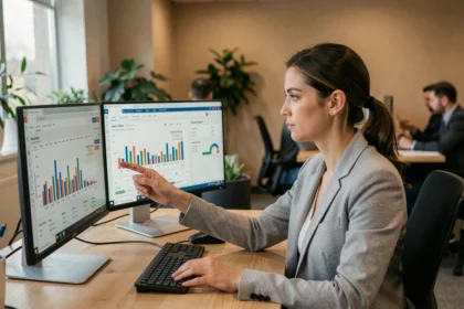 Femme professionnelle analysant des données de mots-clés pour une campagne Pay Per Click sur un bureau moderne avec double écran