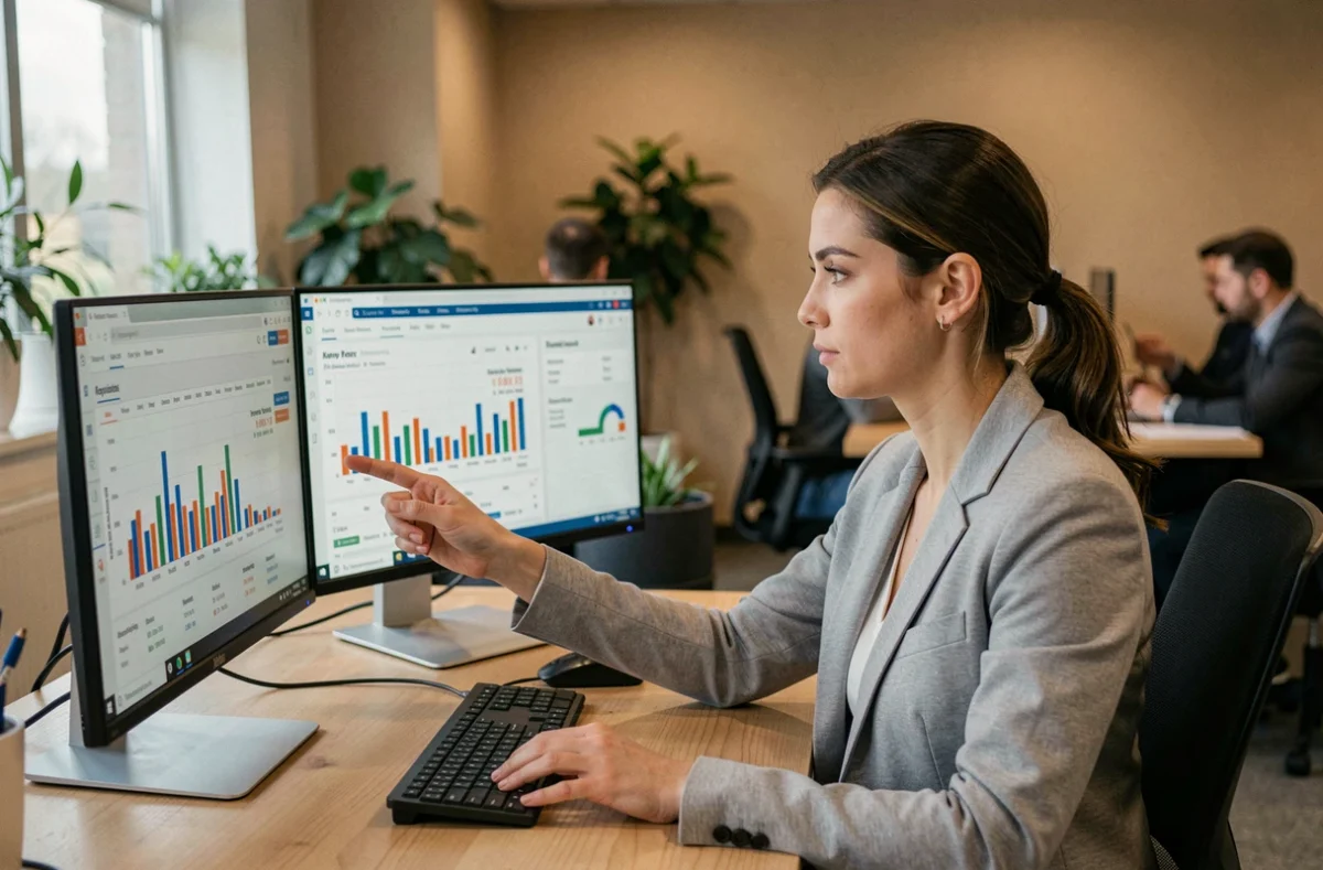Femme professionnelle analysant des données de mots-clés pour une campagne Pay Per Click sur un bureau moderne avec double écran