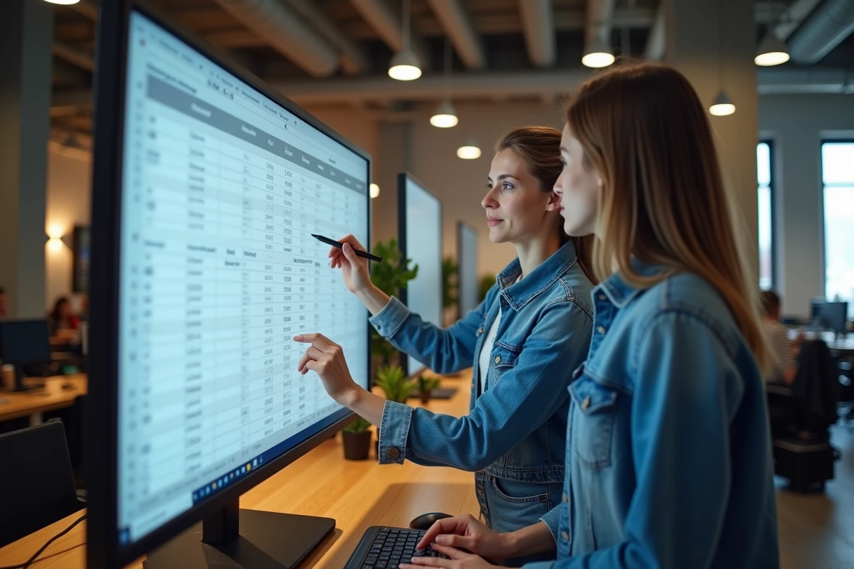 Deux collègues en co-working analysant un comparatif de prix d'abonnements aux outils d'intelligence artificielle