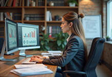 Métier SEO : comprendre le travail d’un spécialiste en référencement Femme analysant des données SEO sur deux écrans dans un bureau moderne