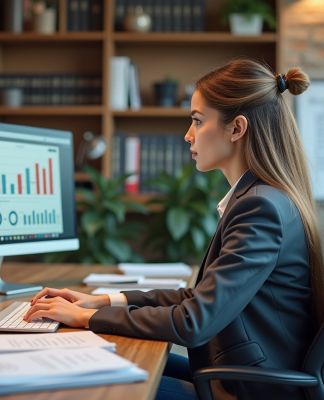 Métier SEO : comprendre le travail d’un spécialiste en référencement Femme analysant des données SEO sur deux écrans dans un bureau moderne