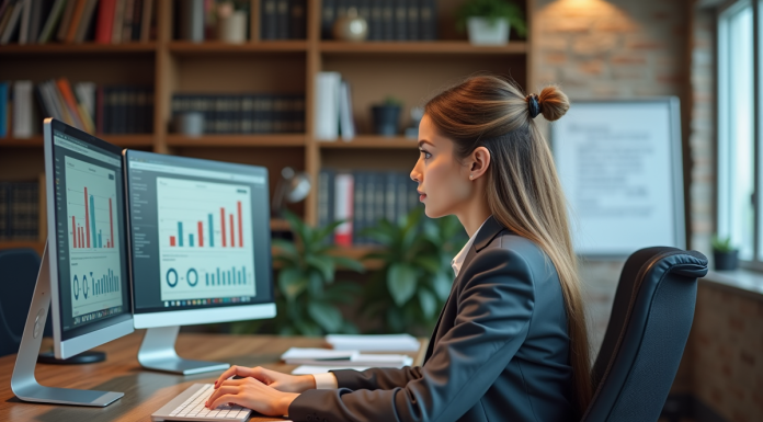 Femme analysant des données SEO sur deux écrans dans un bureau moderne