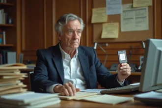 Ancien employé d'American Management Systems devant son bureau avec des archives et un badge d'entreprise, regard nostalgique