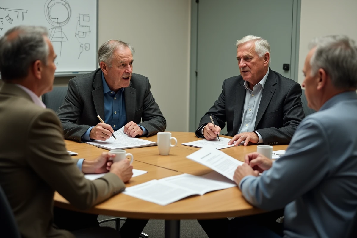 Groupe d'anciens consultants d'AMS réunis autour d'une table pour témoigner de l'histoire de l'entreprise