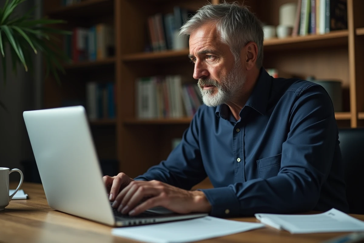 Homme consultant un email suspect d'arnaque fiscale sur son ordinateur portable à domicile
