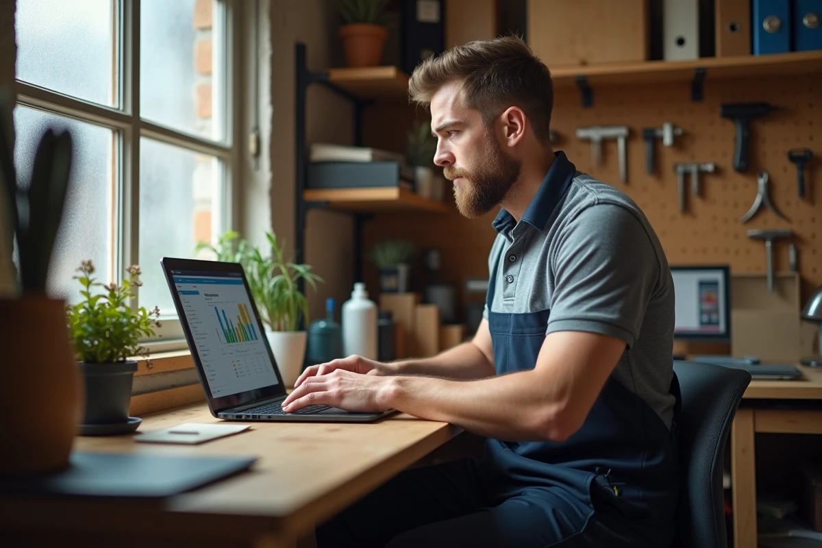 Artisan entrepreneur TPE gérant son chantier depuis un petit bureau professionnel avec un logiciel de suivi en ligne