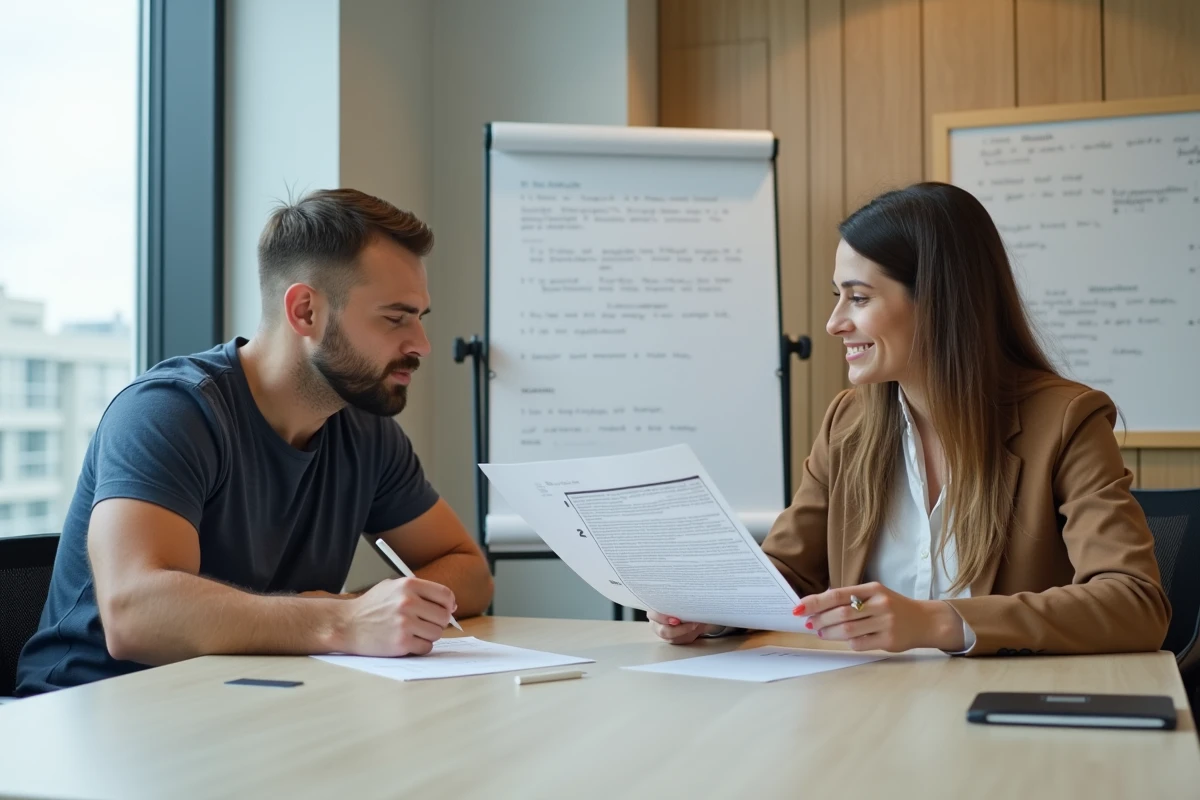 Deux associés examinant un extrait KBIS imprimé lors d'une réunion de création d'entreprise dans une salle de conférence