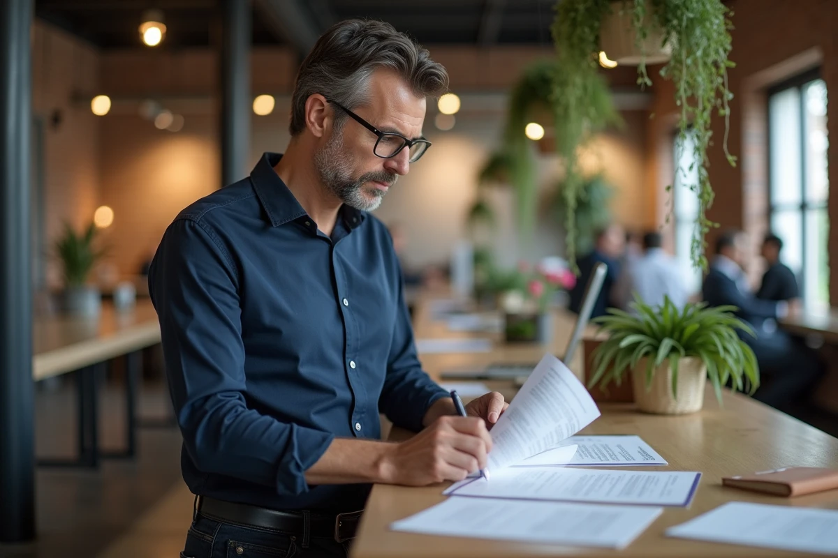 Auto-entrepreneur consultant révisant des documents officiels dans un espace de coworking moderne pour la démarche d'enregistrement DUNS