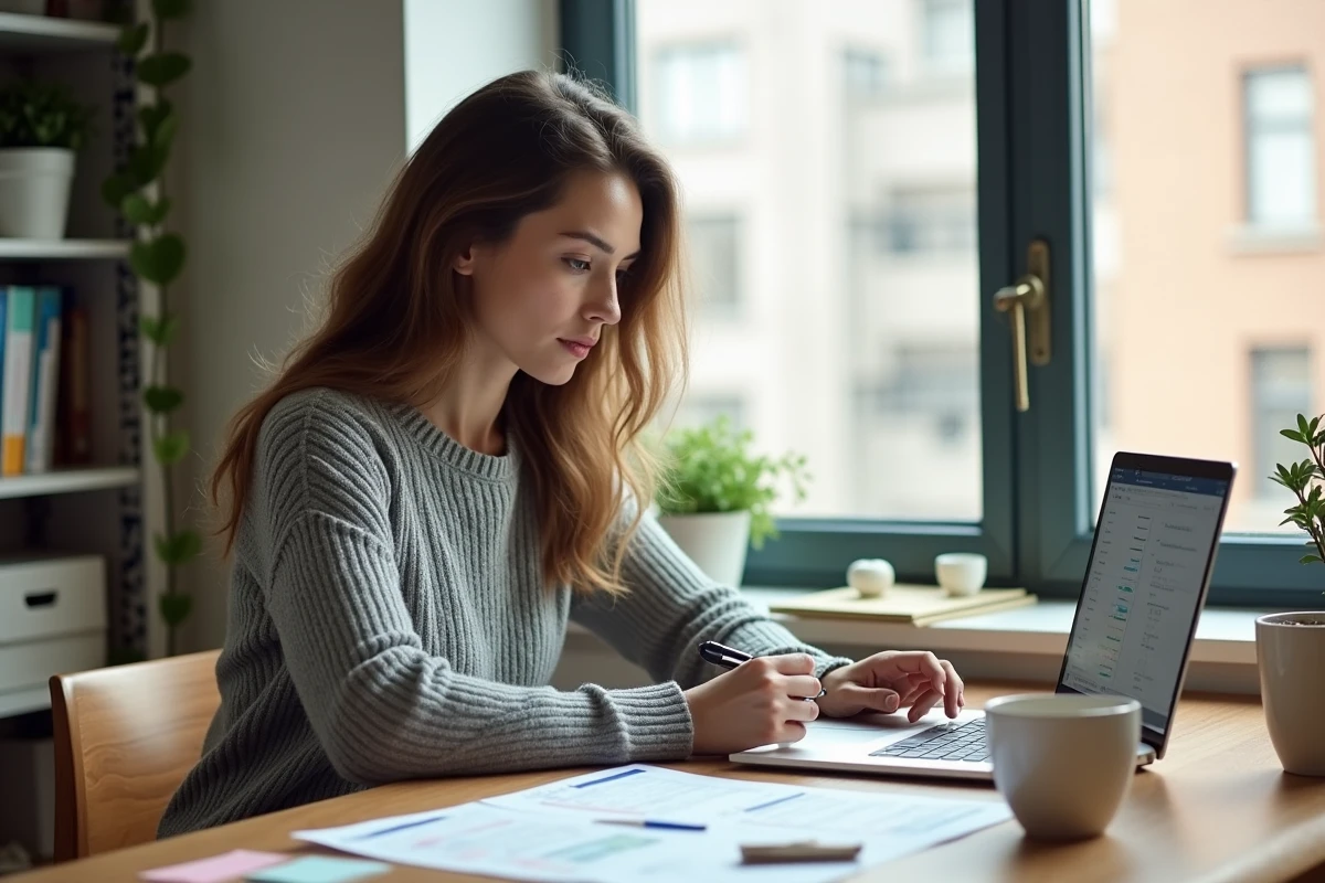 Auto-entrepreneuse livreure Amazon comparant des statuts juridiques sur ordinateur portable avec des documents administratifs sur un bureau en bois