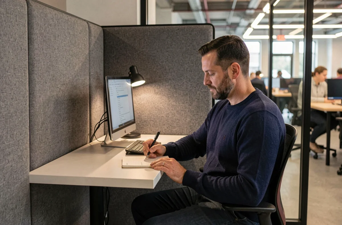 Homme concentré dans un box semi-privé d'un espace de coworking à Tourcoing avec cloisons acoustiques et double écran
