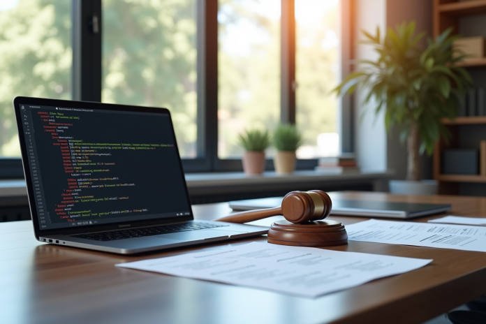 Bureau moderne avec ordinateur et documents juridiques pour l'article