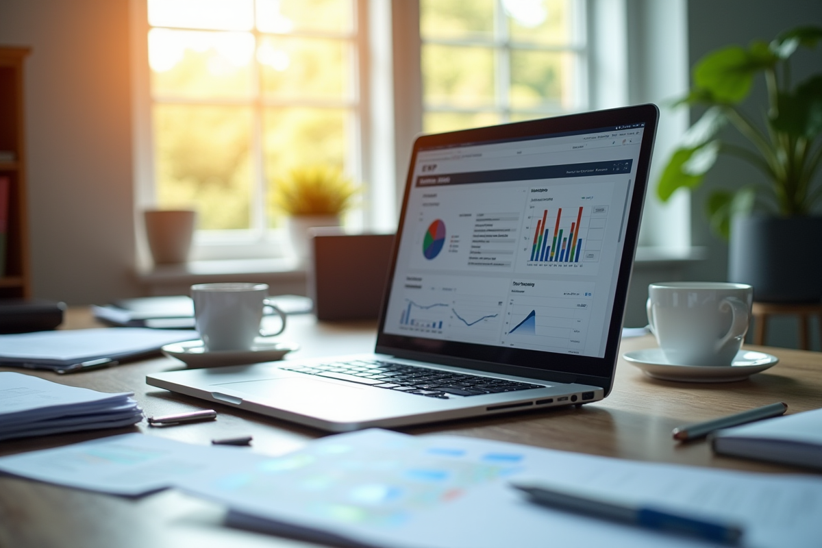 Bureau moderne avec ordinateur affichant un tableau de bord ERP