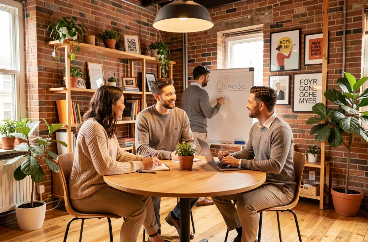 Équipe du Cabinet Osmose en session de travail collaboratif dans un bureau convivial