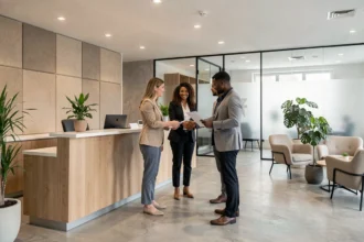 Vue d'ensemble d'un cabinet de recrutement moderne dans les Yvelines avec des professionnels en réunion