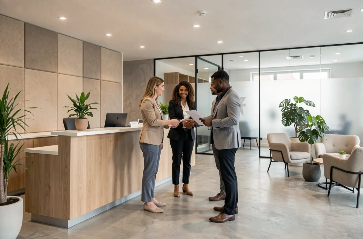 Vue d'ensemble d'un cabinet de recrutement moderne dans les Yvelines avec des professionnels en réunion