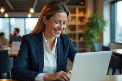 Cadre féminine souriante lisant du contenu feel good sur son ordinateur portable dans un bureau moderne en 2026