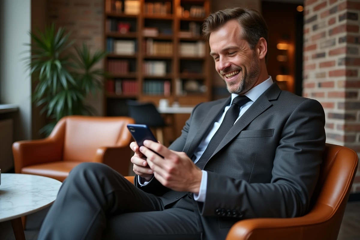 Cadre masculin consultant le site Humoran.com sur smartphone dans un espace de coworking haut de gamme