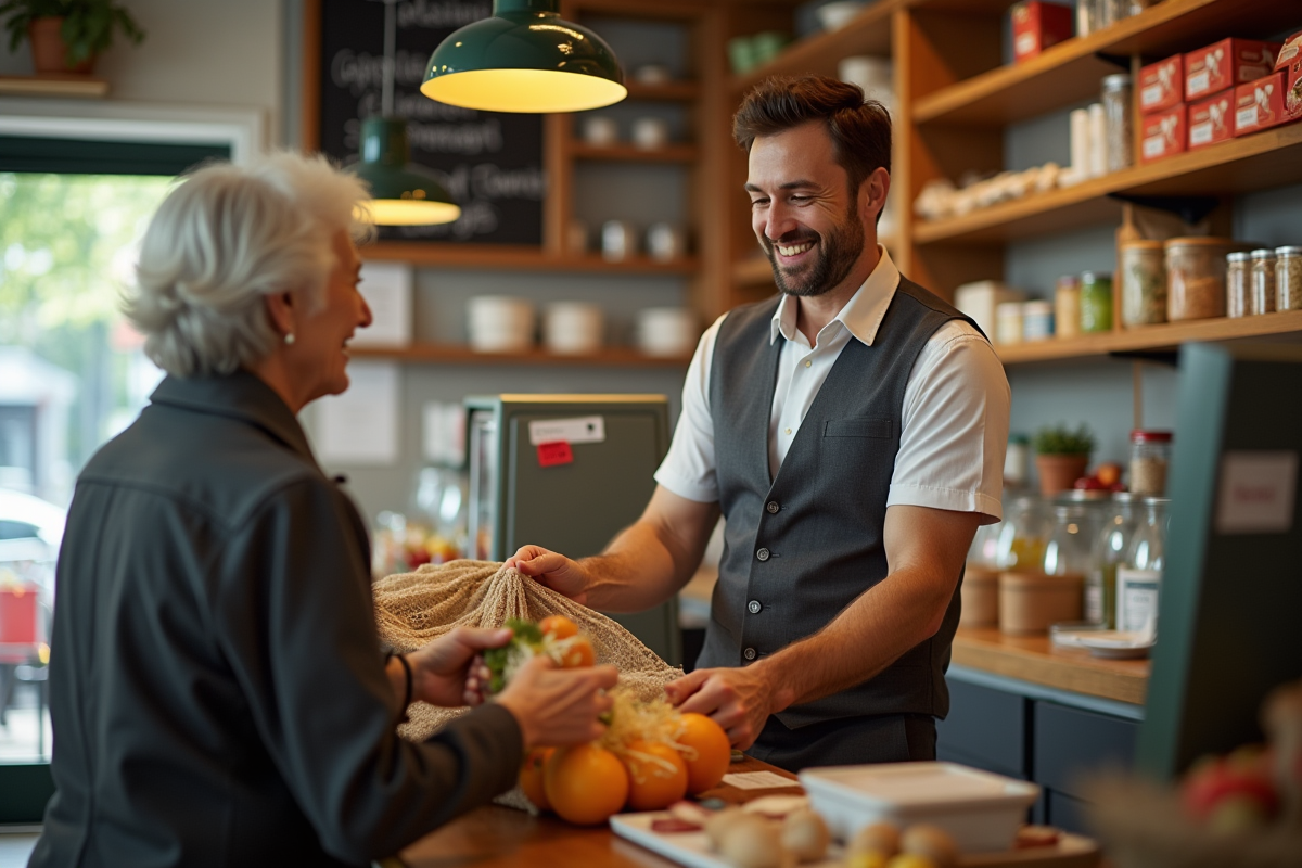 Caissier aidant un client age a faire ses courses en epicerie