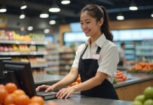 Meilleures techniques pour être efficace en caisse : astuces et conseils essentiels Jeune caissière souriante scannant des produits en supermarche