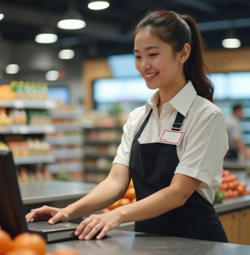 Meilleures techniques pour être efficace en caisse : astuces et conseils essentiels Jeune caissière souriante scannant des produits en supermarche
