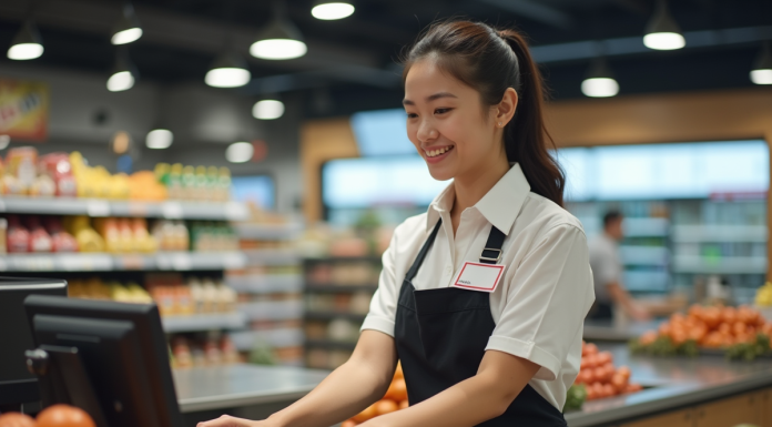 Meilleures techniques pour être efficace en caisse : astuces et conseils essentiels Jeune caissière souriante scannant des produits en supermarche