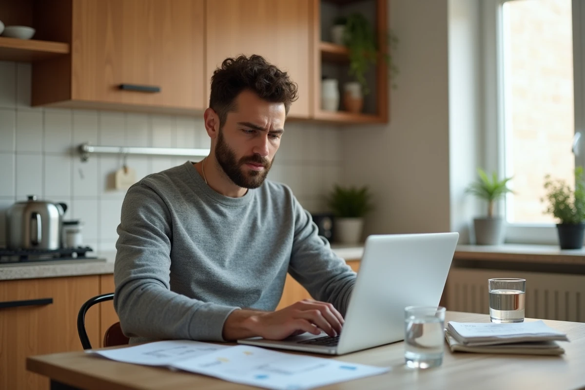 Salarié analysant sa fiche de paie et ses heures de travail à domicile pour un contrat de 39 heures