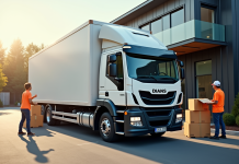 Camion de livraison moderne devant une petite entreprise avec travailleurs