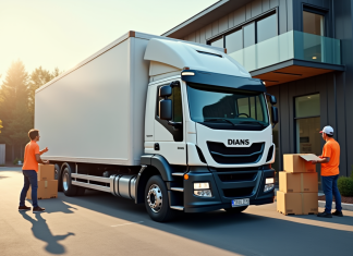 Les avantages du camion porteur pour votre entreprise Camion de livraison moderne devant une petite entreprise avec travailleurs