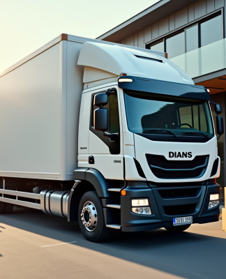 Camion de livraison moderne devant une petite entreprise avec travailleurs