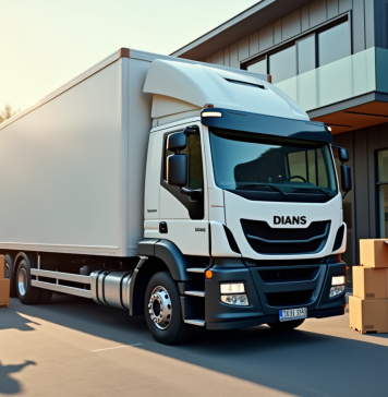 Camion de livraison moderne devant une petite entreprise avec travailleurs