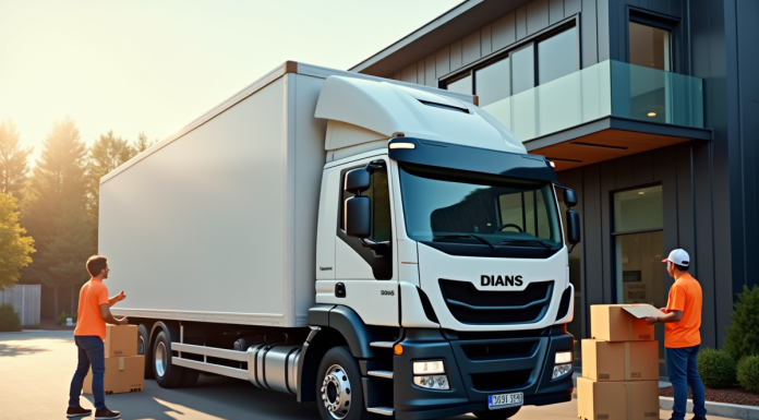 Camion de livraison moderne devant une petite entreprise avec travailleurs